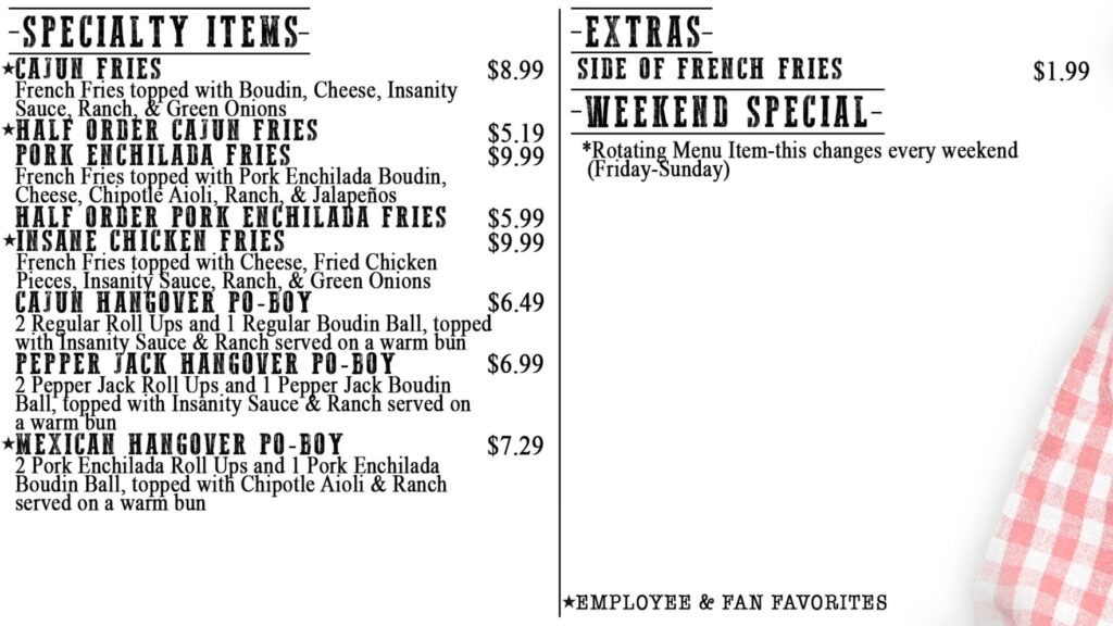 Insane Sausages Menu 2